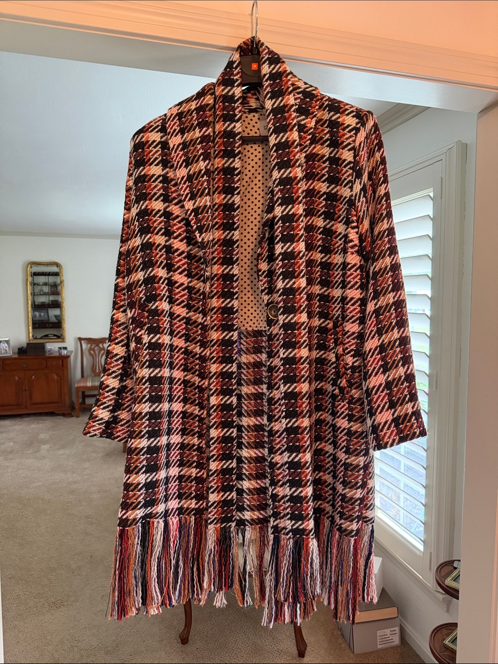 CAbi fall colors Plaid Fringe Cardigan Coat with fringed belt